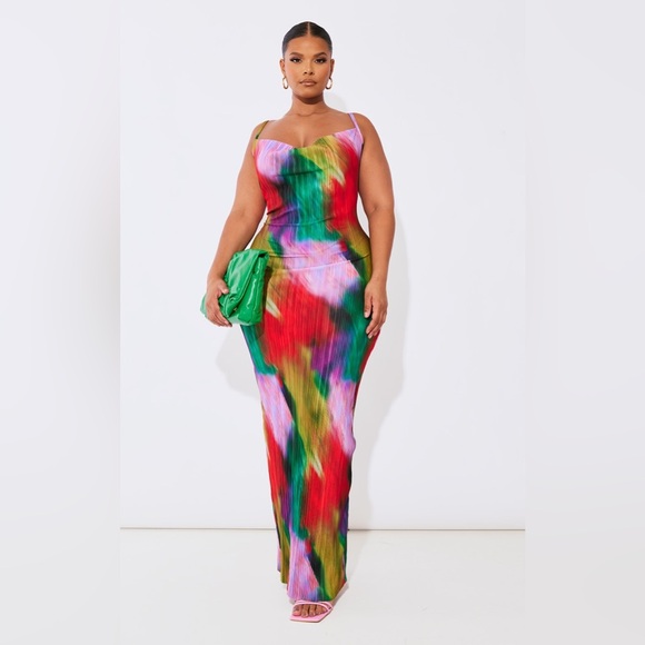 Multi Color Plisse Cowl Neck Maxi Dress - Picture 2 of 5